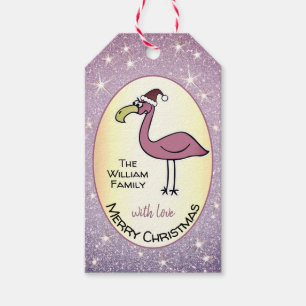 Hilarious X-Mas Flamingo Light Purple Glitter Gold Gift Tags