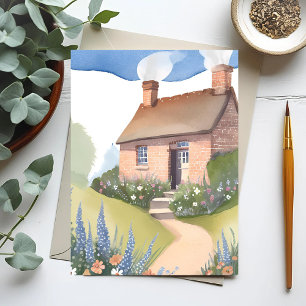 Hillside Cottage   Watercolor Brick Home Painting Postcard