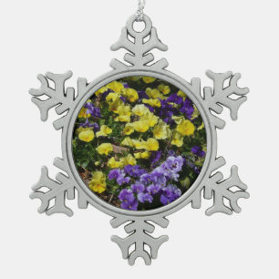 Hillside of Purple and Yellow Pansies Snowflake Pewter Christmas Ornament