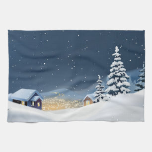 Hillside Snowy Christmas Scene, home & pines  Tea Towel