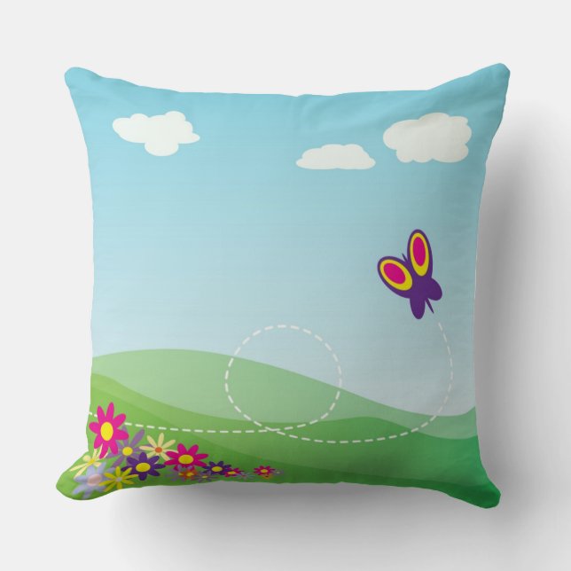 HILLSIDE WITH BUTTERFLY AND FLOWERS CUSHION (Front)