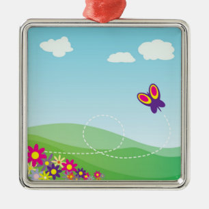HILLSIDE WITH BUTTERFLY AND FLOWERS METAL TREE DECORATION