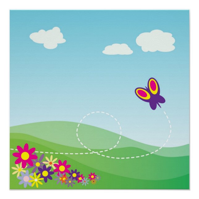 HILLSIDE WITH BUTTERFLY AND FLOWERS POSTER (Front)