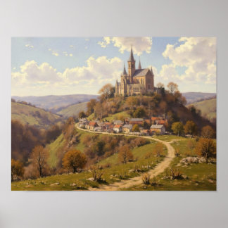 Hilltop Church Path Impressionist Oil Painting Poster