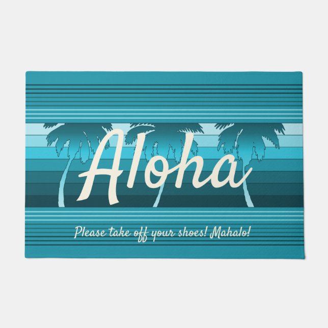 Hilo Hawaiian Palms Striped Aloha Teal Doormat (Front)