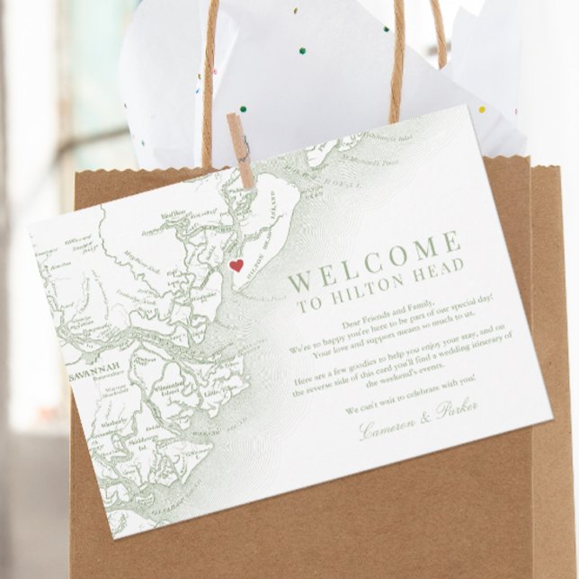 Hilton Head Sage Green Wedding Welcome Itinerary Thank You Card (Hilton Head Map Wedding Welcome Letter and Weekend Events Schedule in Sage Green Coastal Map Designs)