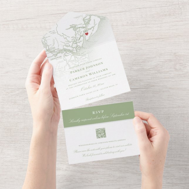 Hilton Head SC Map Elegant Sage Green Wedding All In One Invitation (Tearaway)