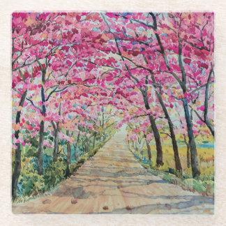 Himalayan Cherry Roadside Watercolor Landscape Glass Coaster