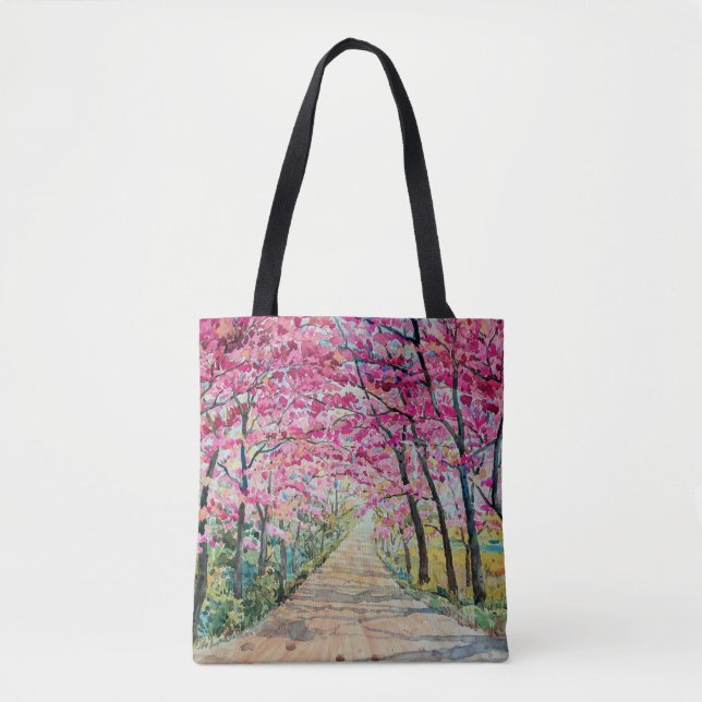 Himalayan Cherry Roadside Watercolor Landscape Tote Bag (Front)