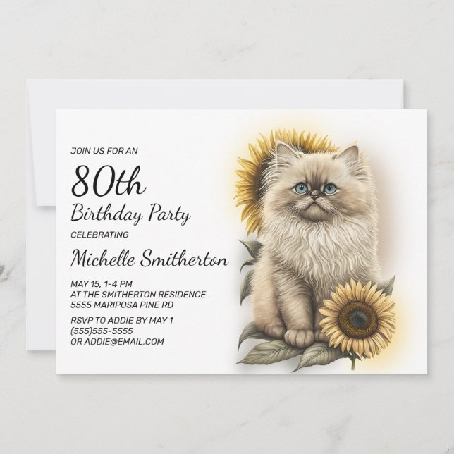 Himalayan Kitten Cat Sunflowers 80th Birthday Invitation (Front)