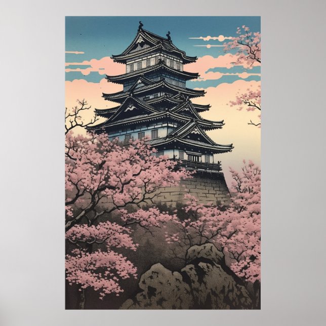 Himeji Castle with Cherry Blossoms Japanese Art Poster (Front)