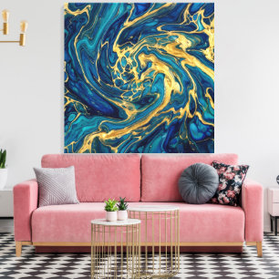 himmering Gold & Deep Sea Blue Fluid Acrylic Abstr Canvas Print