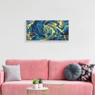himmering Gold & Deep Sea Blue Fluid Acrylic Abstr Canvas Print