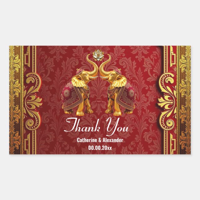 Hindi elephants lotus flower gold red wedding  rectangular sticker (Front)