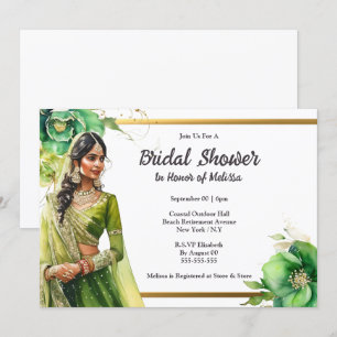 Hindi Indian bride green gold bridal shower Invitation