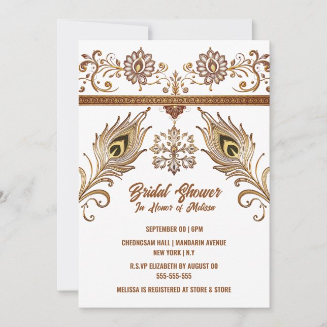 Hindi Mehndi Indian lotus peacock feathers bridal Invitation (Front)