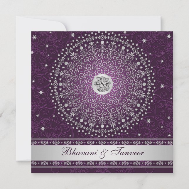 Hindu Ganesh Purple, Silver Scrolls Wedding Invite (Front)