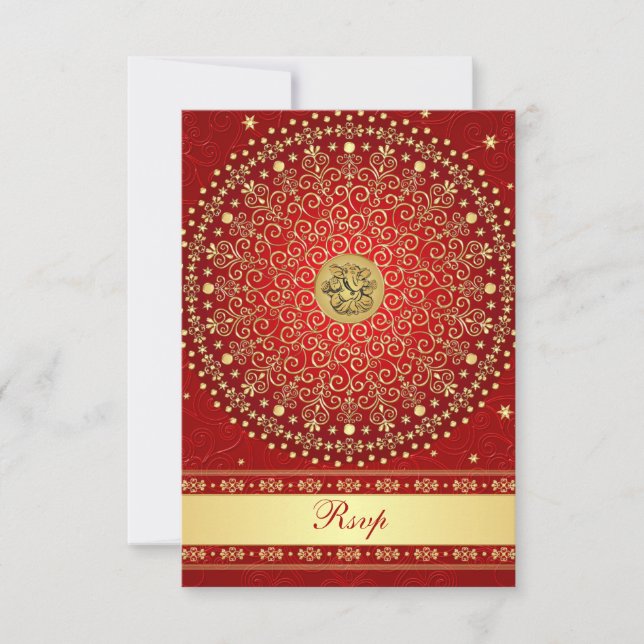 Hindu Ganesh Red Gold Scrolls Wedding RSVP Card (Front)