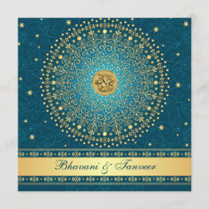 Hindu Ganesh Teal, Gold Scrolls Wedding Invite