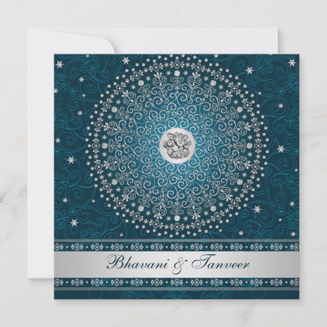 Hindu Ganesh Teal, Silver Scrolls Wedding Invite 2 (Front)