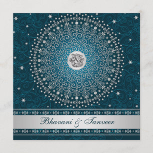 Hindu Ganesh Teal, Silver Scrolls Wedding Invite 2