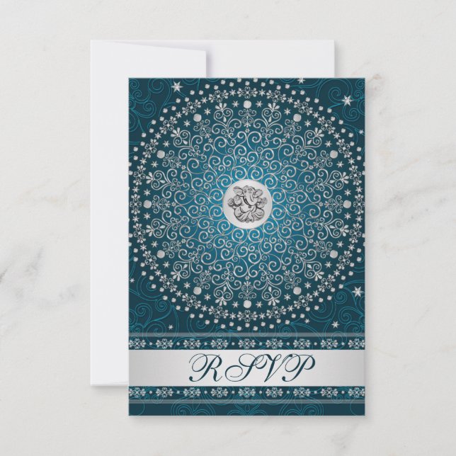 Hindu Ganesh Teal, Silver Scrolls Wedding RSVP 2 Invitation (Front)