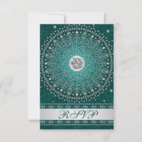 Hindu Ganesh Teal, Silver Scrolls Wedding RSVP
