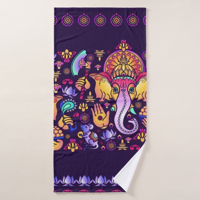 Hindu God Ganesha and Indian symbols in strip shap Bath Towel (Bath Towel)