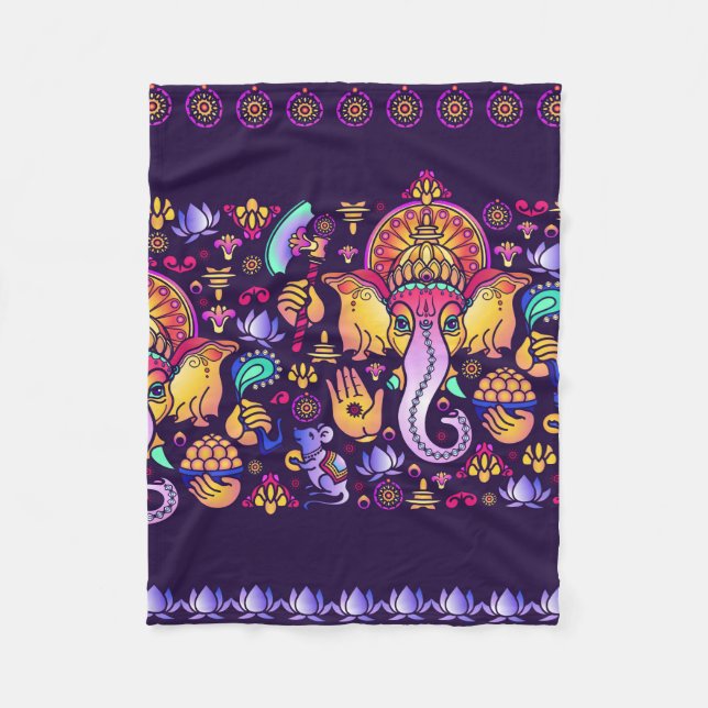 Hindu God Ganesha and Indian symbols in strip shap Fleece Blanket (Front)