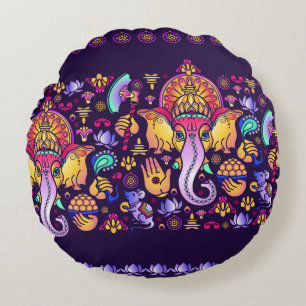 Hindu God Ganesha and Indian symbols in strip shap Round Cushion