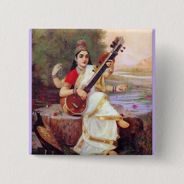 Hindu Goddess Saraswati 15 Cm Square Badge (Front)