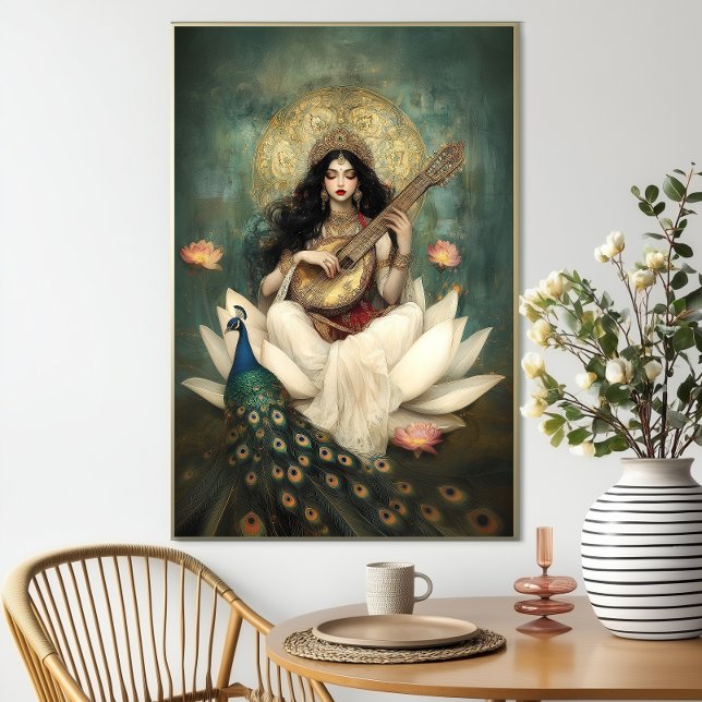 Hindu Goddess Saraswati: Peacock Veena Lotus Poster (Creator Uploaded)