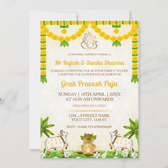Hindu Graha Pravesh Puja Invitation Card (Front)