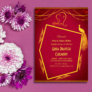 Hindu House Warming Griha Pravesh Golden Peacock Invitation
