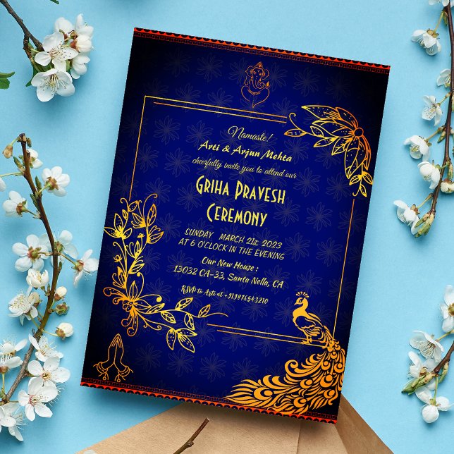 Hindu House Warming Griha Pravesh Golden Peacock Invitation (Creator Uploaded)