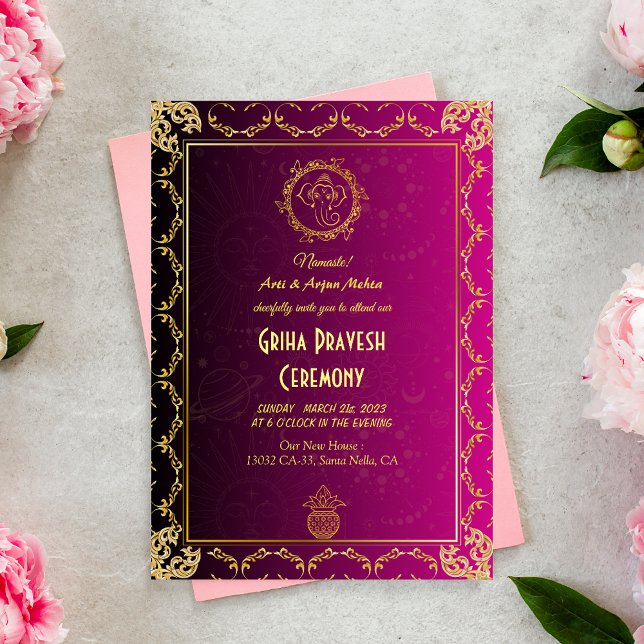 Hindu House Warming Griha Pravesh Golden Pink Invitation (Creator Uploaded)