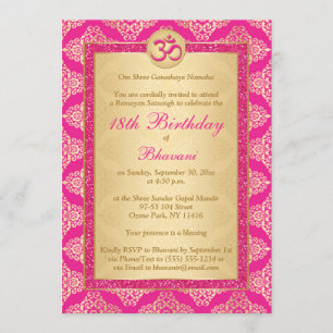 Hindu Magenta Pink, Gold Damask 18th Birthday Invitation