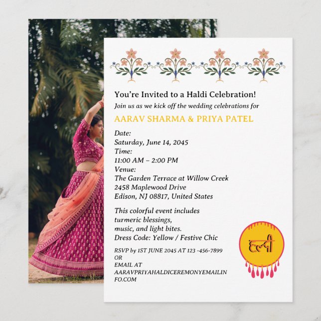 Hindu Pre Wedding Indian Haldi Ceremony  Invitation (Front/Back)
