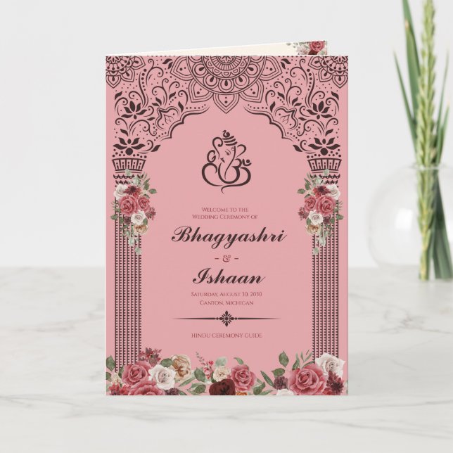 Hindu Wedding Ceremony Guide (Pink Red) Folded Programme (Front)