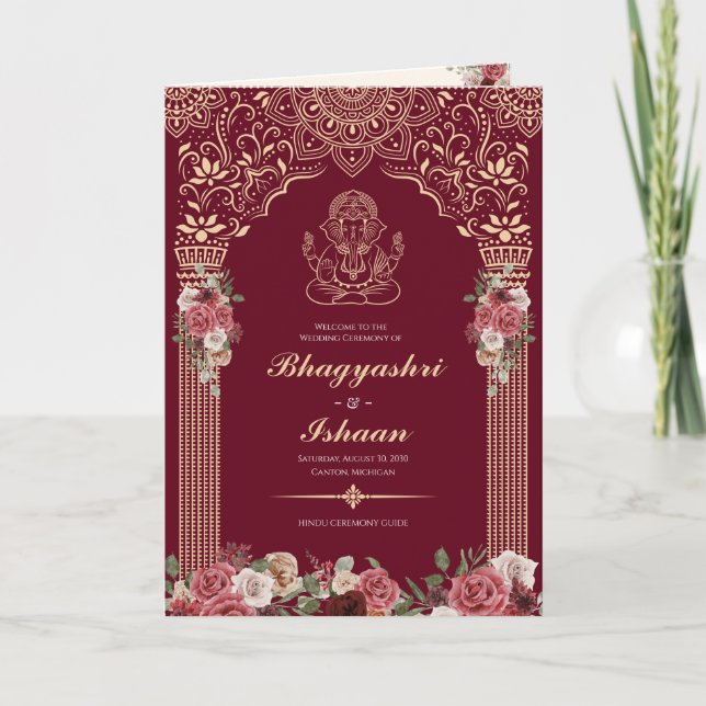 Hindu Wedding Ceremony Guide (Red, Pink Gold)  Programme (Front)