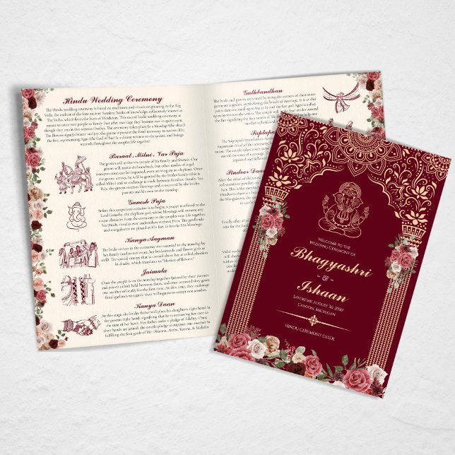Hindu Wedding Ceremony Red, Gold, Pink Floral Programme (Creator Uploaded)