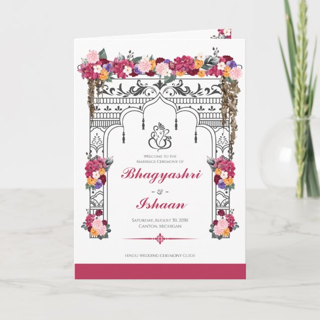 Hindu Wedding Ceremony Tropical Floral Pink Programme (Front)