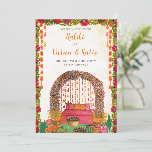 Hindu wedding Haldi ceremony invitations (Standing Front)