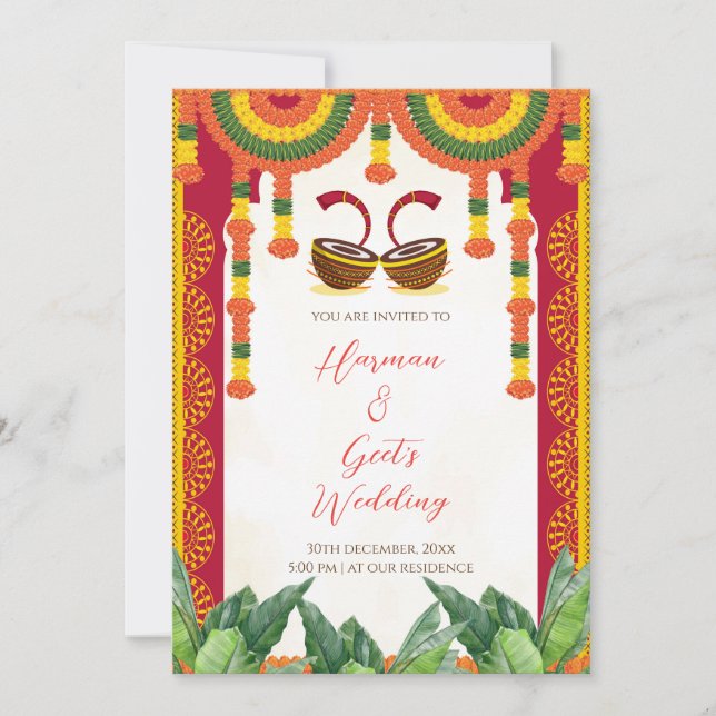 Hindu Wedding Invitation | Dhol Drum Marigold Card (Front)