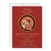 Hindu Wedding Invitations Red Gold Cartoon Couple