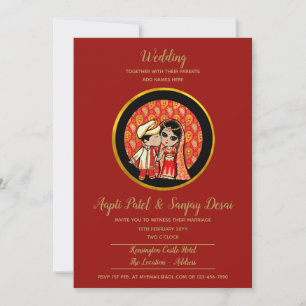 Hindu Wedding Invitations Red Gold Cartoon Couple