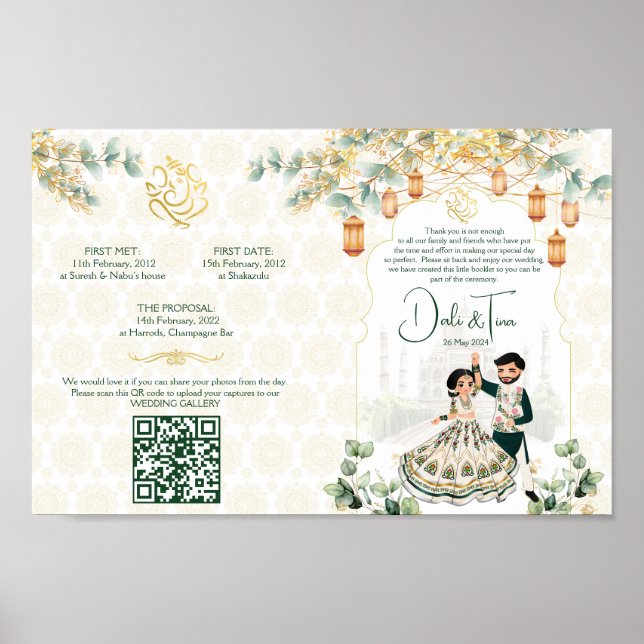 Hindu wedding rituals program green gold template poster (Front)