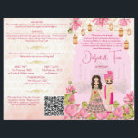Hindu wedding rituals program pink lotus<br><div class="desc">Pink Lotus flowers garlands and lanterns cute bridal couple caricature Indian wedding program</div>