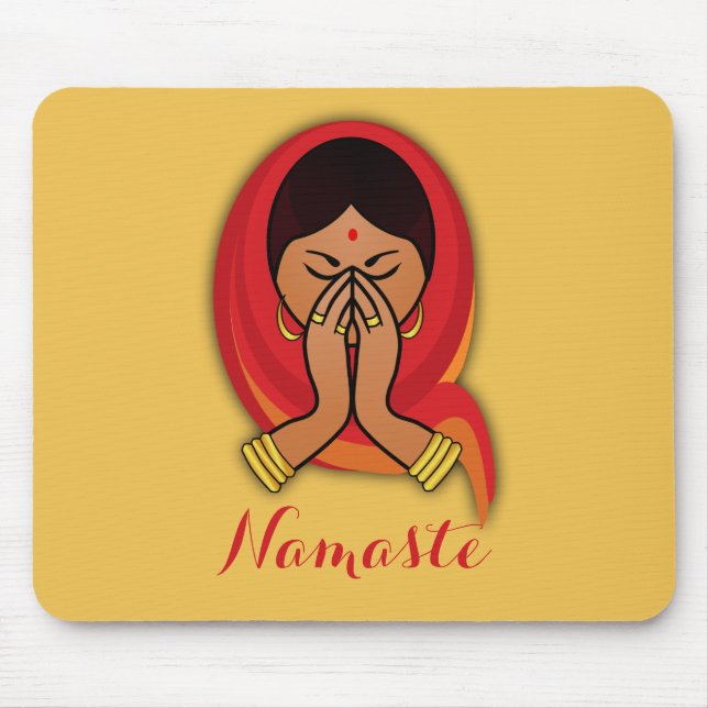 Hindu Woman with Head Scarf in Namaste Greeting Mouse Pad (Front)