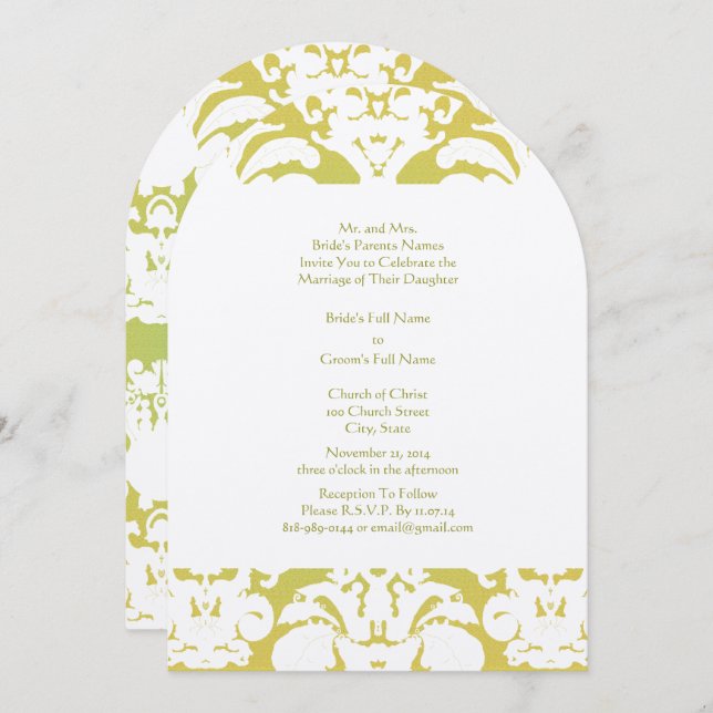 Hints of Butter Yellow Lime Green Damask Wedding Invitation (Front/Back)